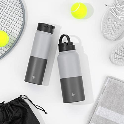 JoyJolt Triple Insulated Water Bottle with Straw Lid AND Flip Lid! 22oz Water Bottle, 12 Hour Hot/Cold Vacuum Insulated Stainless Steel Water Bottle. BPA-Free Leakproof Water Bottles - Thermos Bottle - color: Gray/Black, size: 22 Ounces