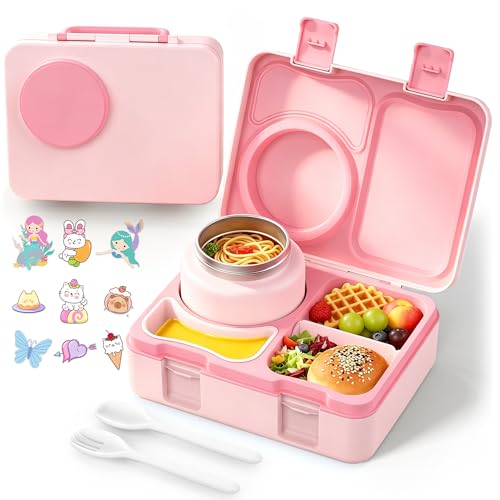 Bento Box for Kids, Leakproof Kids Bento Lunch Box Container with 8oz Insulated Thermo Food Jar, Sauce Jar, Utensil, DIY Stickers for School Boys Girls, 3-4 Compartments, BPA-Free - color: Pink