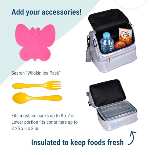 Wildkin Two Compartment Lunch Bag, Holographic | Two compartments keep lunch and snacks separate, PEVA-lined main section, ages 5+ — clean solid colors - color: Holographic