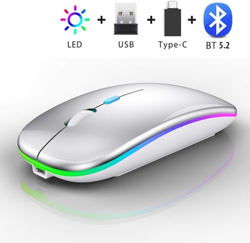 Wireless Bluetooth Mouse for MacBook Air/Mac/Pro/Laptop/Computer/PC,Rechargeable Dual Mode Switch Mouse Bluetooth 5.2/3.0 and 2.4GHz USB Receiver (Silver)
