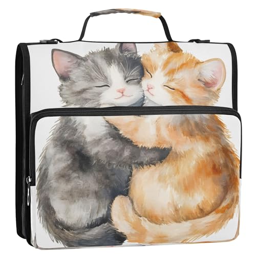 3 Ring Zipper Binder Cute Cats in Love Binder Organizer Portfolio with File and Shoulder Strap & Handle Large Capacity File Folder - color: Cute Cats