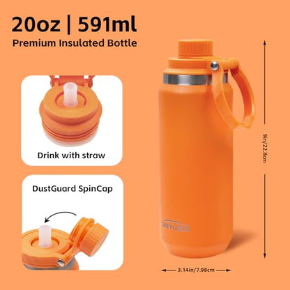 Greylock 20 oz Insulated Water Bottle with Straw Lid, Reusable Stainless Steel Sports Water Bottles with Foldable Handle, Leak Proof, Double-Wall Vacuum Insulation, 24 Hours Cold(Tangerine) - color: Tangerine, size: 20 Ounces