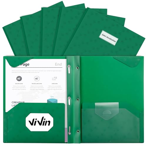 ViVin 6-Pack Green Plastic Folders with Pockets, Heavy Duty 3 Prong Folders with Labels and Interior Pocket, Poly 2 Pocket Folders for School, Office, and Home