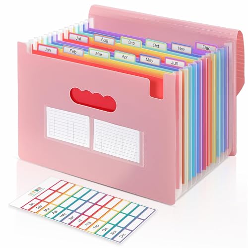 SKYDUE Accordion File Organizer, Expanding File Folder with 13 Pockets, Portable Document Paper Bill Receipt Organizer, Home School Office Supplies, Letter A4 Size Pink - color: Pink
