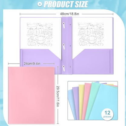 Yeaqee 12 Pcs Pastel Folders with Pockets and Prongs Plastic Folder 2 Pockets 3 Prongs with Card Slot for Office, School for Students, Teachers, Office Workers - color: Pastel