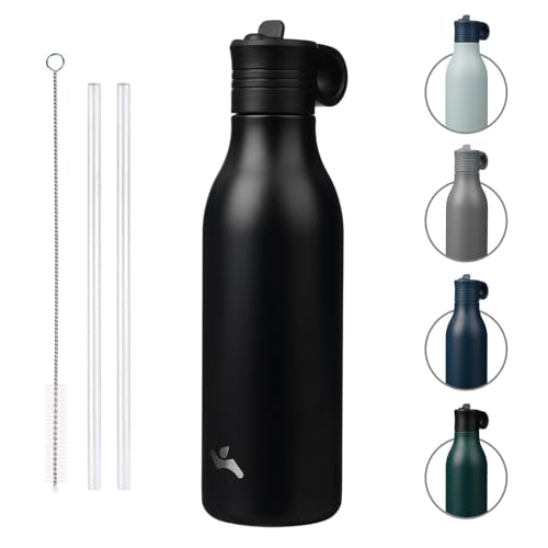 Konokyo 25oz Insulated Travel Water Bottle with Straw, Black | Stainless steel, BPA free, leak proof, double wall, dishwasher safe. Reusable for gym, workouts, and daily use - color: Black, size: 18 Ounces