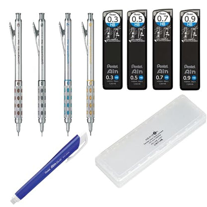 Four Mechanical Pens Set - 0. 3mm, 0. 5mm, 0. 7mm & 0. 9mm, with Ain Stein Refill Leads, Ain Clic Retractable Pen-type Triangle Eraser and Lihit Lab White Pencase