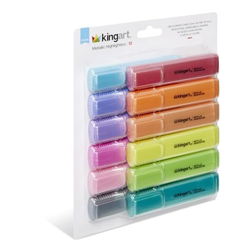 KINGART Highlighters 12 Metallic Colors, Dual-tipped: Chisel and Fine - Modern Marking Pens for Writing, Paper, Water Resistant, Translucent Ink, Sketchbook Friendly