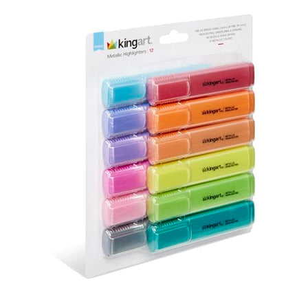 KINGART Highlighters 12 Metallic Colors, Dual-tipped: Chisel and Fine - Modern Marking Pens for Writing, Paper, Water Resistant, Translucent Ink, Sketchbook Friendly