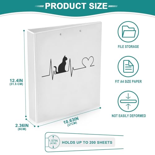 Fustylead Cat Electrocardiogram 3 Ring Binder, D-Rings 1.5" Hardcover Folder, Fits 200 Sheets of A4 Paper, Durable Clipboard & Clean View with Inside Pockets for School Home Office - size: 12.4x10.63x2.36 Inch-2 Pack