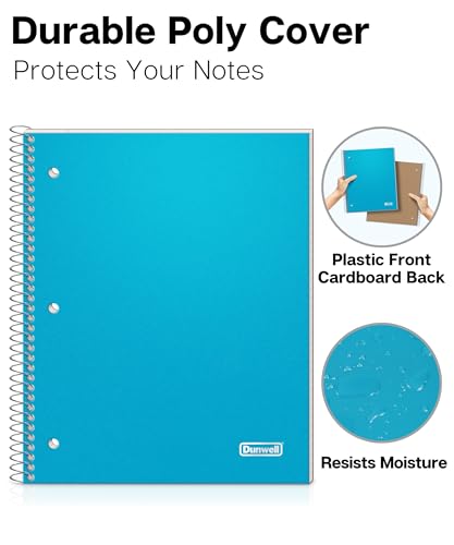 Dunwell 1-Subject Notebook College Ruled, (Blue) 100 Sheets (200 Pages), Perforated Paper, 3 Hole Punched, Spiral Notebook 8.5 x 11, Protective Plastic Cover, Divider with Pockets - color: Blue, style: 1 Subject