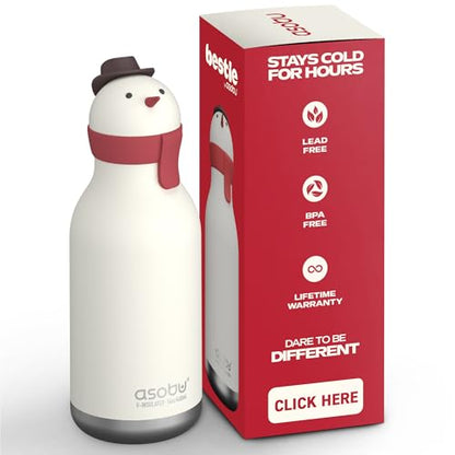 asobu Bestie Bottle Insulated Stainless Steel Water Bottle with Detachable Soft Animal Head Fun Drinking For Kids and Teens with Flexible Reusable Straw 16 Ounce (SNOWMAN) - color: SNOWMAN