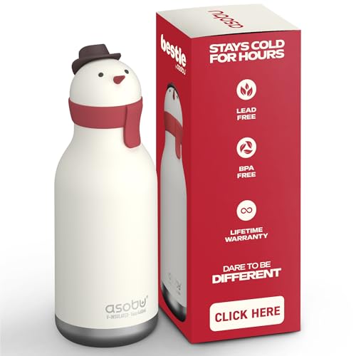 asobu Bestie Bottle Insulated Stainless Steel Water Bottle with Detachable Soft Animal Head Fun Drinking For Kids and Teens with Flexible Reusable Straw 16 Ounce (SNOWMAN) - color: SNOWMAN