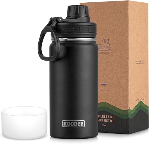 koodee 16 oz Water Bottle Stainless Steel Double Wall Vacuum Insulated Water Bottle for School Wide Mouth Sports Bottle with Leakproof Spout Lid (Black) - color: Black, size: 16 Ounces