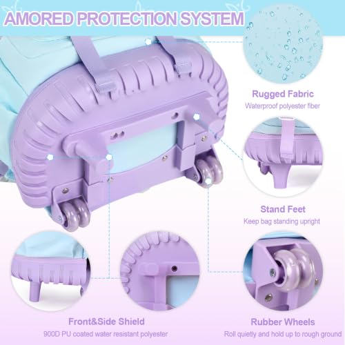 3-IN-1 Rolling Backpack for Girls with Lunch Bag Pencil case, Kawaii Backpack with Wheels for Girls, Roller School Bag with Wheels for Teen Elementary School Bookbags with Cute Pins Aquamarine-Purple - color: Aquamarine-purple