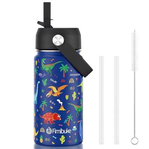 Fimibuke Kids Insulated Water Bottle, 14oz BPA FREE 18/8 Stainless Steel Travel Tumbler Double Wall Vacuum Leak Proof Kids Cup with Straw Metal Bottle for School Boys Girls(1 Pack, BLUE DINOSAUR) - color: A11. BLUE DINOSAUR