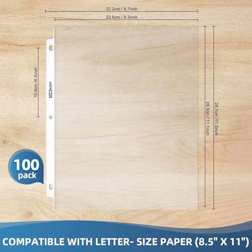 100 Pack Sheet Protectors, Top Loading Reinforced 3-Hole Page | Protectors for 3-Ring Binders, Fits Standard 8.5" x 11" Letter Size Paper, Perfect for Documents & Photos, Office Supplies