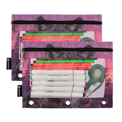 Wolf Purple Pencil Pouch for 3 Ring Binder Pencils Bag Pencil Case with Zipper Clear Window for School Office 2 Packs - color: Wolf Purple