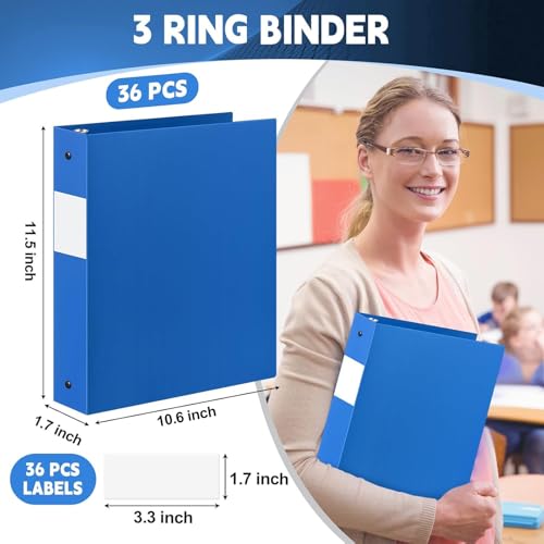 Henoyso 36 Pcs Blue 1.5 Inch 3 Ring Plastic Binder Bulk, 1 1/2 Inch Soft Flexible Binders Three Round Rings Fit 8.5x11 Papers for School Office Home File Organization Supplies - color: Blue