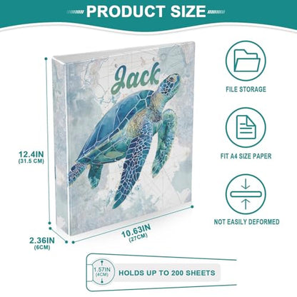 Custom 3 Ring Binder Sea Turtle Pattern 1.5" Round Ring Binders Personalized Name View Binder with 200 Sheet for School Supplies Women Men Office, 1 Pack - color: Custom Sea Turtle Pattern