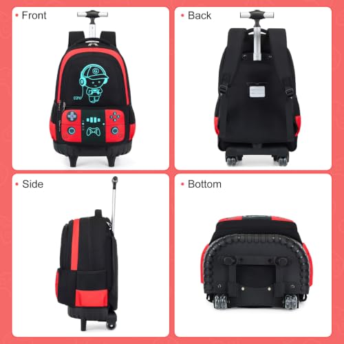 Bevalsa Rolling Backpack for Boys,Cool Luminous Gamer Roller School Backpacks with Lunch Box & Pencil Case,Kids Wheeled Schoolbag Bookbag with Wheels for Kindergarten Elementary School Travel - color: Red