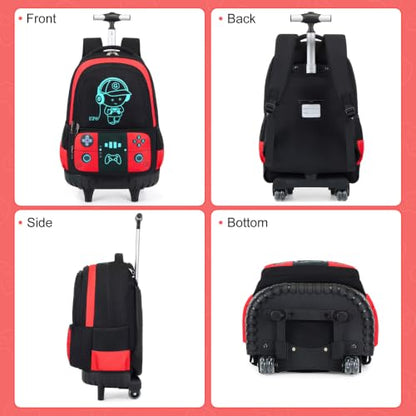 Bevalsa Rolling Backpack for Boys,Cool Luminous Gamer Roller School Backpacks with Lunch Box & Pencil Case,Kids Wheeled Schoolbag Bookbag with Wheels for Kindergarten Elementary School Travel - color: Red