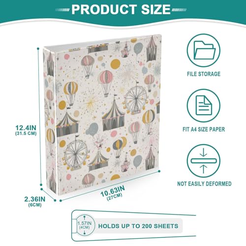 Circus Theme Round Ring Binders 1.5 Inch 3 Ring Binder with Clipboard Holds 200 Sheets Office Home School - color: Multicolored 13
