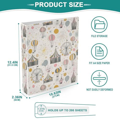 Circus Theme Round Ring Binders 1.5 Inch 3 Ring Binder with Clipboard Holds 200 Sheets Office Home School - color: Multicolored 13