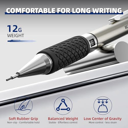 WUO 0.7mm Mechanical Pencil Set, 3PCS Metal Drafting Pencils with 360 HB Lead Refills, 1 Eraser Pen, 3PCS 4B Erasers, 12 Eraser Refills, Storage Case for Student Artist Writing, Drawing, Sketching