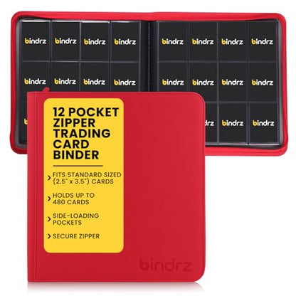 bindrz 12 Pocket Zipper Binder for 480 Sleeved Trading Cards - Side Loading Pockets Album - Archival Safe Material and Compatible with TCG MTG and Sports Collectibles (Red) - color: Red