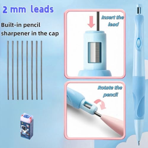 2.0mm Mechanical Pencil Set: 2 Pack Fat Grip Pencils for Kids with 14 Leads | Soft silicone grips, 14 HB lead refills and built-in sharpeners support preschool handwriting, drawing and beginner practice. - style: 2 pack blue&yello