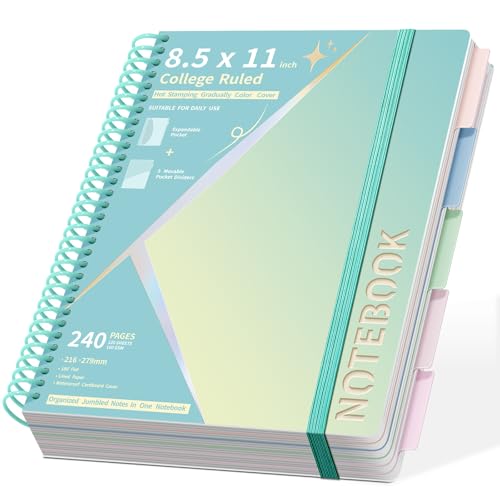 Spiral Notebook 8.5" x 11" College Ruled Hardcover Journal for Women with Removable Dividers 240 Pages 100GSM Thick Lined Journal for Writing Large 5 Subject Notebooks for School, Green - color: Green-notebook, size: 8.5"x11"