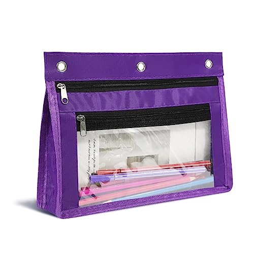 YoeeJob 1 Pack Pencil Pouch for 3 Ring Binder, Expandable Binder Pouches with Zipper, Large Capacity Pen Holder Case with Clear Window School Class Office Organizers, Purple - color: Purple