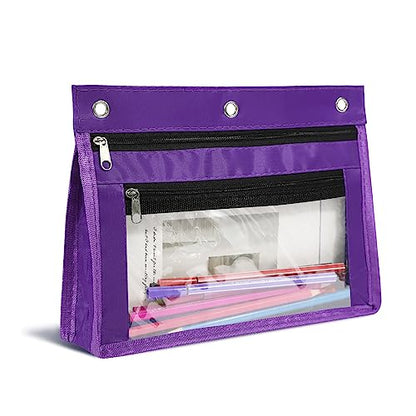YoeeJob 1 Pack Pencil Pouch for 3 Ring Binder, Expandable Binder Pouches with Zipper, Large Capacity Pen Holder Case with Clear Window School Class Office Organizers, Purple - color: Purple
