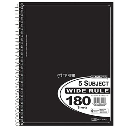Top Flight Standards 5-Subject Wirebound Notebook, 180 Sheets, 3-Hole Punched, Wide Rule, 10.5 x 8 Inches, 1 Notebook, Color May Vary (31414) - size: 1 Count (Pack of 1)