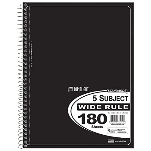 Top Flight Standards 5-Subject Wirebound Notebook, 180 Sheets, 3-Hole Punched, Wide Rule, 10.5 x 8 Inches, 1 Notebook, Color May Vary (31414) - size: 1 Count (Pack of 1)