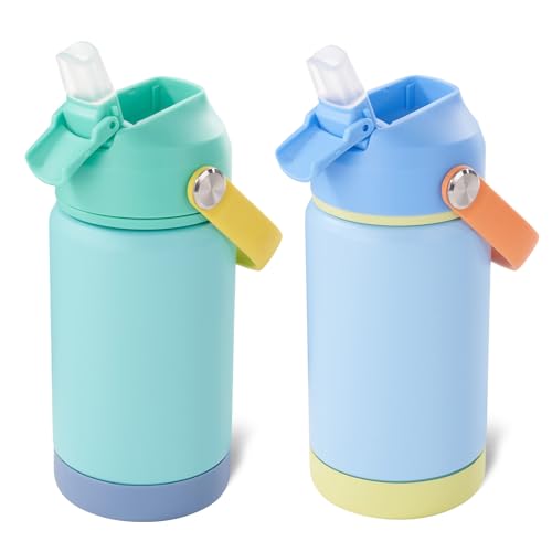 12oz Kids Water Bottle 2 Pack, Stainless Steel Insulated Water Bottle For Kids, Toddler Cup With Straws Leak-proof, Kids Water Bottles For School Boys Girls, BPA Free, Twilight Green+Sky 2-piece set - color: Twilight Green+Sky