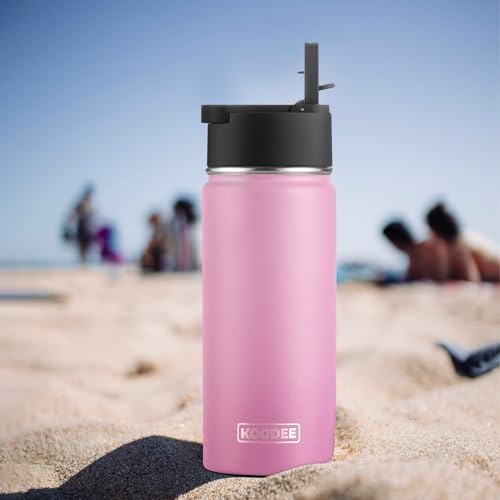 koodee 16 oz Water Bottle Stainless Steel Double Wall Vacuum Insulated Flask Kids Sports Water Bottle with Leakproof Straw Lid (Pink - color: pink-A, size: 16 Ounces