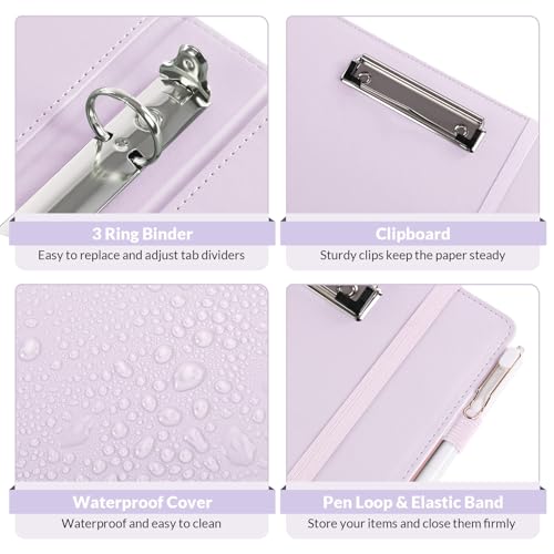 SKYDUE 3 Ring Binder with Clipboard 1 Inch, 13.2" × 10.2" PU Clipboard Binder with Notepad & 5 Dividers with 5 Pockets, Labels, Clipboard Folder Great for School Office (Fit Letter Sized Paper) - color: Purple, size: Letter Size - 1 Inch