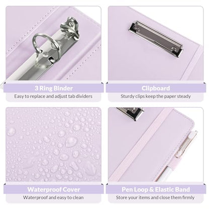 SKYDUE 3 Ring Binder with Clipboard 1 Inch, 13.2" × 10.2" PU Clipboard Binder with Notepad & 5 Dividers with 5 Pockets, Labels, Clipboard Folder Great for School Office (Fit Letter Sized Paper) - color: Purple, size: Letter Size - 1 Inch