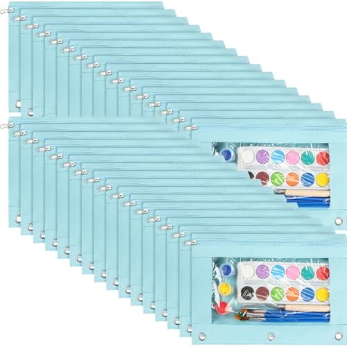 Marspark 30 Packs Pencil Pouch 3 Ring Binder Pen Pouch Cloth Pencil Pouches Zipper Pen Case Bag with Clear Window for School Office Writing Supplies Gifts(Sky Blue) - color: Sky Blue
