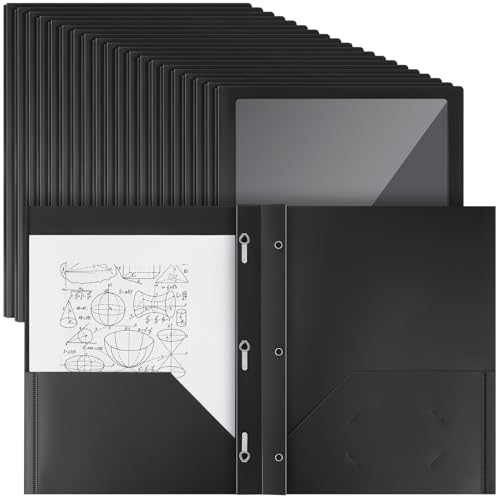 Teling 24pcs Heavy Duty Plastic Folders with Clear Front Pocket and Card Slot, 3 Prongs and 2 Pockets, Letter-Size, Reports Document Presentations Office Supplies, Back to School Gifts (Black) - color: Black