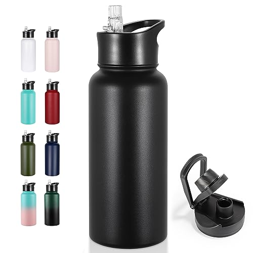 VEGOND 32 oz Insulated Water Bottle Stainless Steel Metal Water Bottles with Leak Proof Straw Lid & Spout Lid, Wide Mouth Double Walled Vacuum Travel Sports Bottle, Black - color: Black, size: 32 Ounces