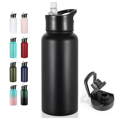VEGOND 32 oz Insulated Water Bottle Stainless Steel Metal Water Bottles with Leak Proof Straw Lid & Spout Lid, Wide Mouth Double Walled Vacuum Travel Sports Bottle, Black - color: Black, size: 32 Ounces