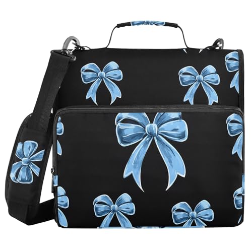 Blue Bow Print 3 Ring Zipper Binder Bag Binder Organizer with Handle Shoulder Strap for School Work Office Supplies - color: Blue Bow Print