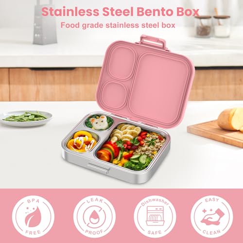 Pawtong Stainless Steel Bento Lunch Box for Kids | 3-Compartment Lunch Box Container Kids | 100% Leakproof, Eco-Friendly, Perfect Portion Control for Kids&Adult Healthy Meals (Pink) - color: Pink