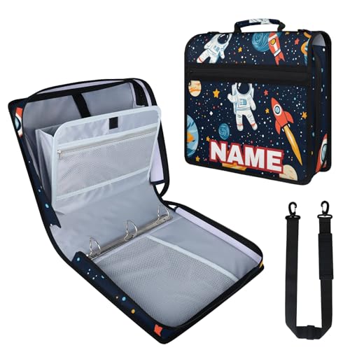 Custom Zipper Binder Galaxy Spaceman Rocket 3 Ring Binder 1.5 Inch Expanding Pockets File Folder Large Capacity Document Organizer Bag with Handle and Strap - color: Multi 3
