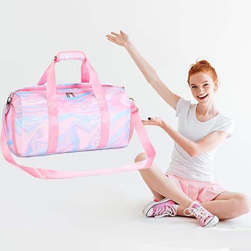 Jumpopack Dance Bag Girls Duffle Bags Teen Sports Gym Bag Weekender Sleepover Overnight Bags with Shoe Compartment and Wet Pocket - color: Marble Pink