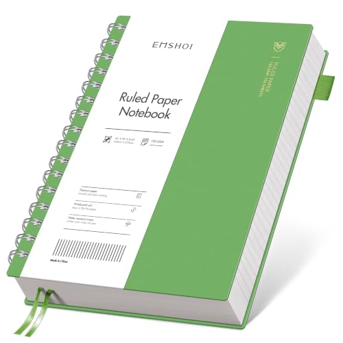 EMSHOI Lined Spiral Journal Notebook, 300 Pages, A5 Size (5.7'' x 8.2'') | College Ruled, 100 GSM Thick Paper, Flexible Plastic Cover, for School, Writing, Work, Office & Journaling (Green) - color: Green, size: A5