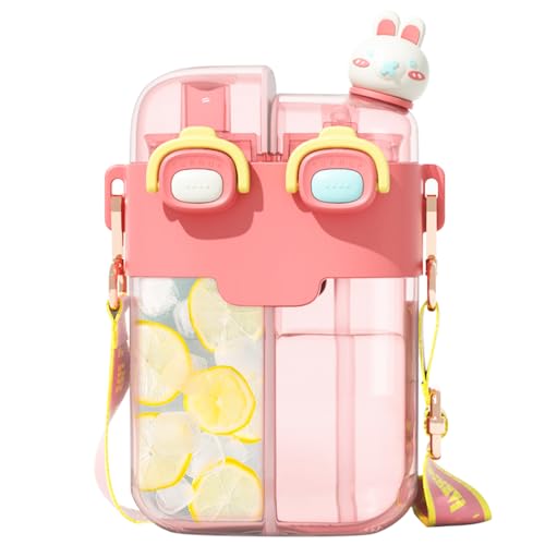 Cute Water Bottle for Kids: 26oz Kawaii Water Bottle for Girls, Funny Bear Water Bottles with Straw and Strap, Dual Compartments Leak-proof Plastic Drinking Cup for School Sport Travel (Pink) - color: Pink